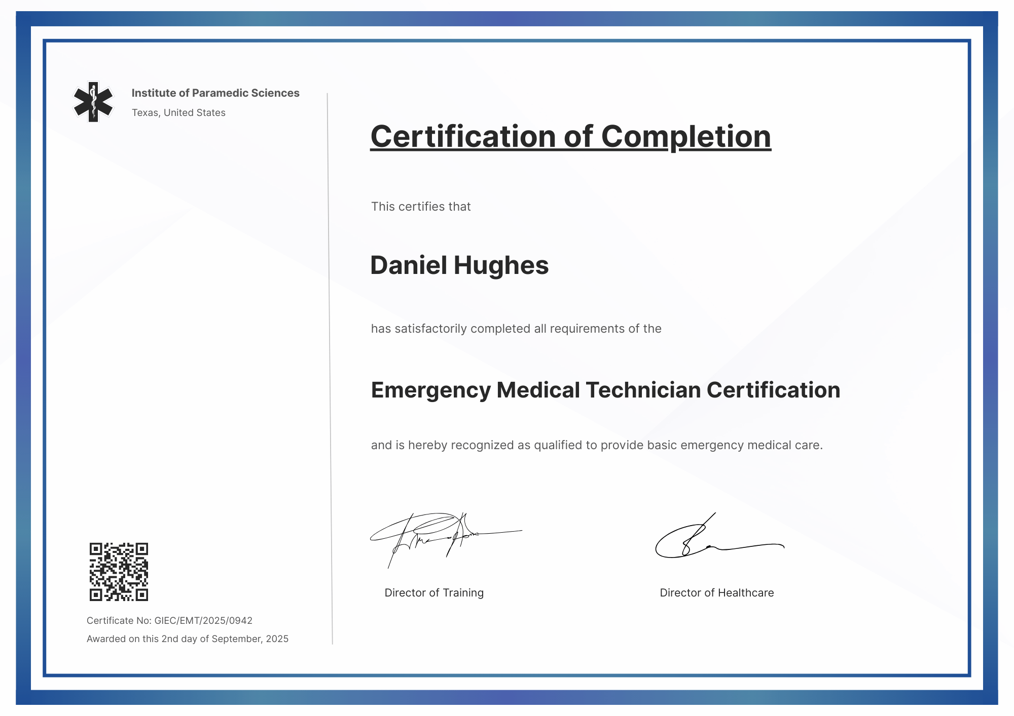 Clean EMT Certificate Template with Organized Medical Layout